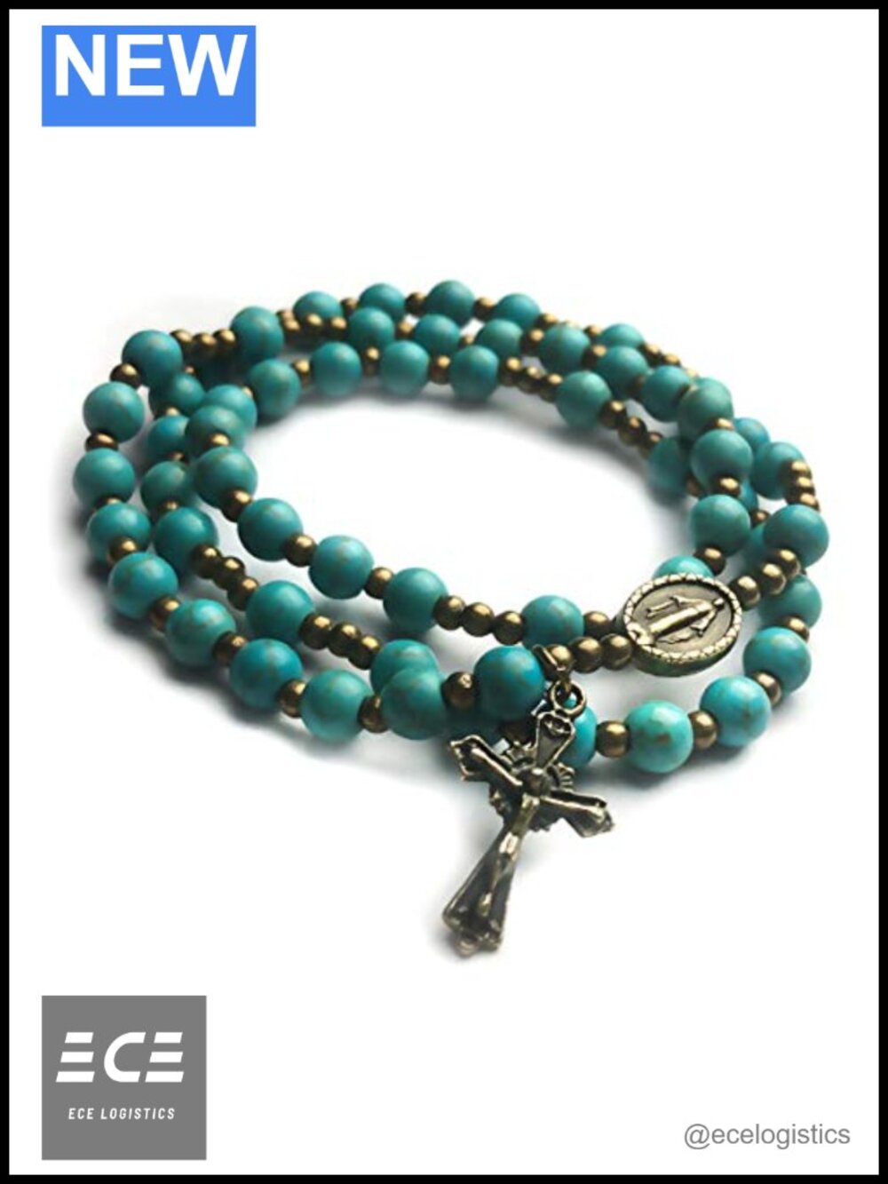 Turquoise Rosary Bracelet Miraculous Medal Charm Bronze Catholic